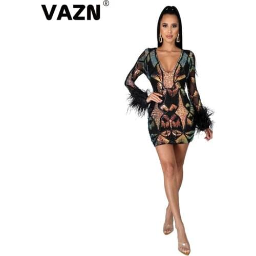 VAZN 2020 Autumn Hot High-end Heavy Industry Flaring Sexy Club Deep V-Neck Full Sleeve Women Thin High Waist Mini Dress