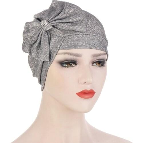 2021 New Multicolor Glitter Bowknot Fashion Turban Hat Cross Forehead Big Bow Diamond-studded Turbans For Women Headwrap Muslim