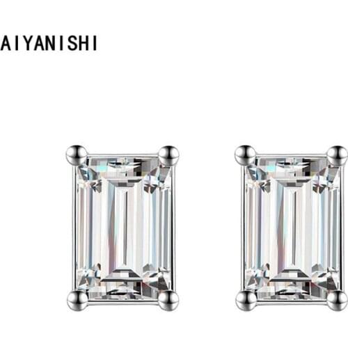 AIYANISHI 925 Sterling Silver Emerald Stud Earrings Woman Fashion Jewelry Wedding Engagement Solitaire Silver Stud Earrings Gift