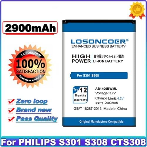 LOSONCOER 2900mAh AB1400BWML Cell Phone Batteries For PHILIPS S301 S308 CTS308 Battery