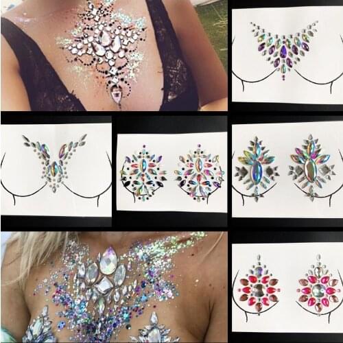 Shiny Gem Cheast Tattoo Sticker Decoration Flash Breast 3D Jewels Self Adhesive Rhinestone Temporary Tattoo For Lady Performance