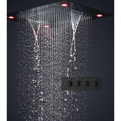 Black Shower Set Luxurious Bath System Large Rain Waterfall Concealed LED Shower Head 600x800mm With Thermostatic Shower Faucets