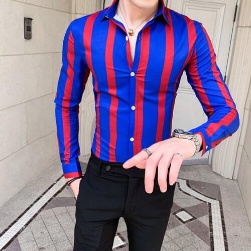 Color striped shirt 2019 autumn mens long-sleeved tuxedo shirt mens slim street clothing mens social club dress shirt M-3XL