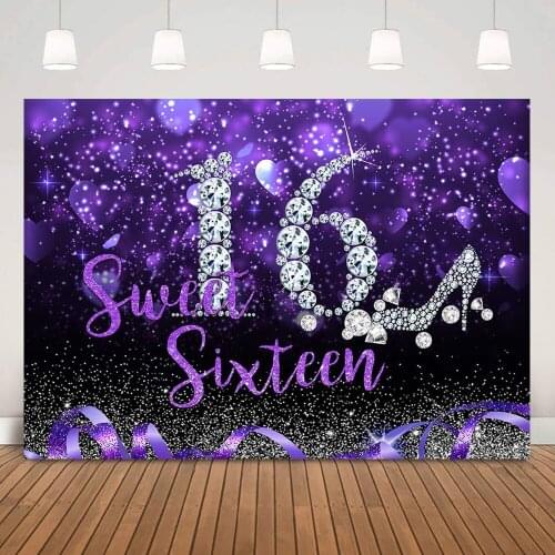 16th Birthday Backdrop Purple Bokeh Glitter Sweet Sixteen Birthday Party Background Decor Girl Bar Mitzvah Photography