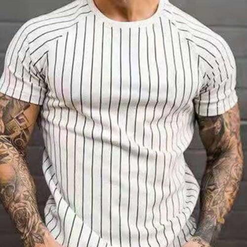 Summer Men T-shirt Sports Gym O Neck Vertical Stripes Short Raglan Sleeve Loose T-shirt Tops Work Print T shirt 2021