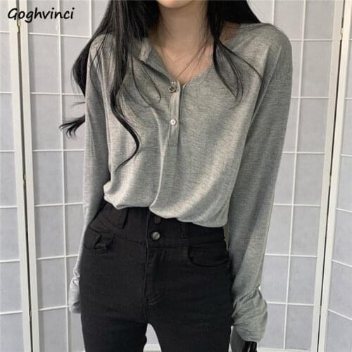 Long Sleeve T-shirts Women Solid Buttons Loose Spring Simple Tops Korean-style Chic Female Autumn Ulzzang All-match Outwear Tees