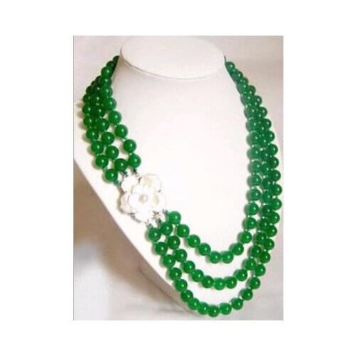 Hot sale 3 row nobler 8mm green stone necklace shell flower clasp