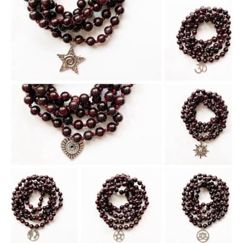 Garnet 6mm Knotted Mala Necklace 108 Natural Stones Long Necklace 108 Prayer Beads Necklace Buddha Meditation Bracelet Om Lotus