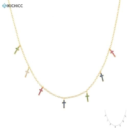 KIKICHICC 925 Sterling Silver Rainbow CZ Zircon Cross Charm Choker Long Chain Necklace Simple Luxury Fashion Jewelry Gift