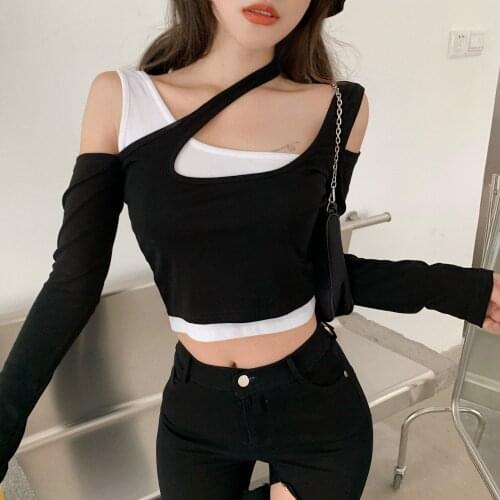 Contrasting color short section slim strapless sexy U-neck fake two pieces T-shirts