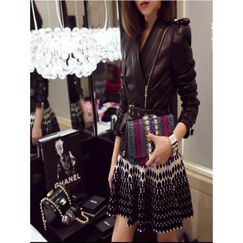 Sheepskin Genuine Leather Jacket Women Fashion Plus Size Black Motorcycle Bomber Jacket Coat Short Slim Belted Soft Basic Jacket