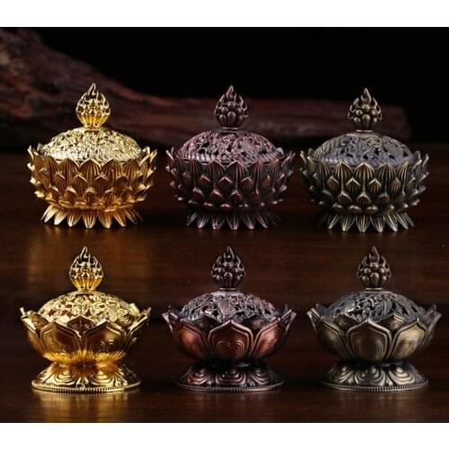 Mini Incense Stick Burner Alloy Buddhist Tibetan Indoor Lotus Meditation Furnace Brass Engraving Smoke Supply Furnace Ornaments