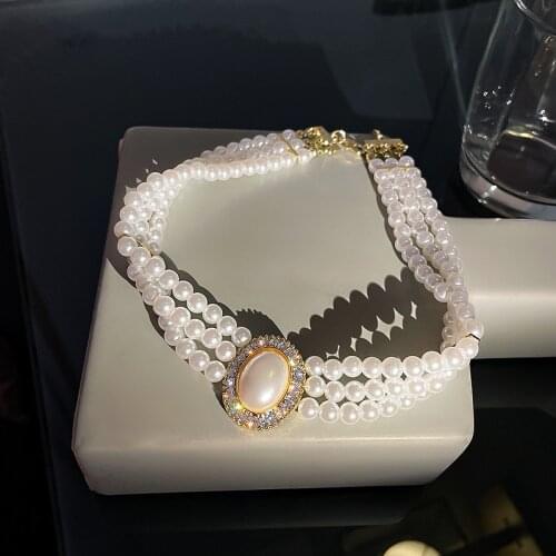 New Elegant Baroque Three Strands Collar Planet Choker Pearl Necklace for Women Girls Wedding Vintage Gifts Party Jewelry