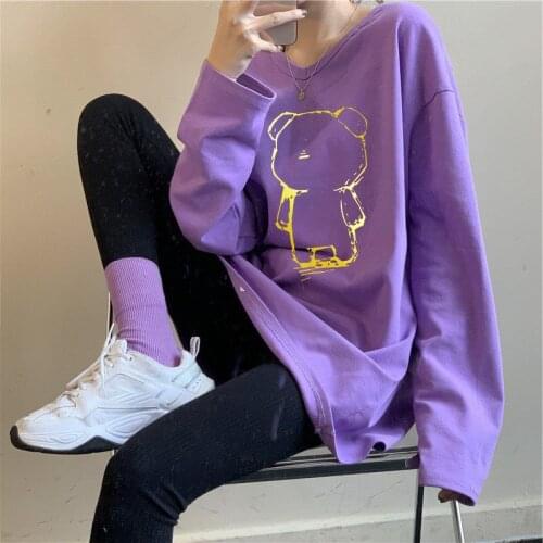 2021Spring and Autumn new womens Fashion Top plus size Korean O-neck long sleeve T-shirt with cute gold stamping bear pattern