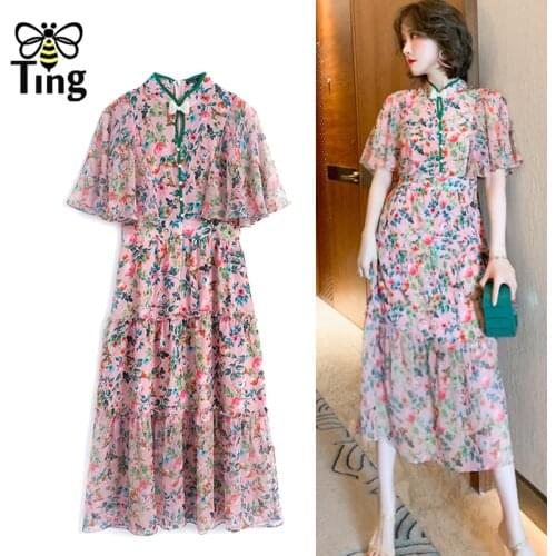 Tingfly Women Summer Fashion Floral Printing Ruffles Casual Dress Chiffon A Line Dress Bow Button Decor Women Clothes Traf Robes
