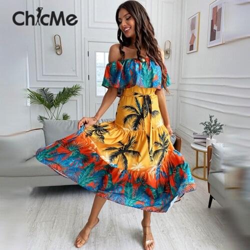 Chicme Elegant Women Summer Off Shoulder Tropical Print A Line Robe Fashion Ruffles Maxi Dress With Belt Dress