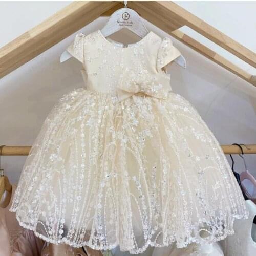 Champagne Princess Baby Girls Dress Newborn Birthday Sequin Beads Bowknot Tutu Baptism Party Clothes Infant Christening Gown