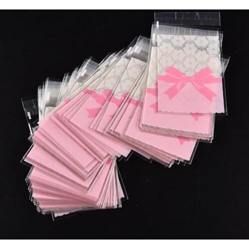 50 Pcs 7*10cm/7*7cm Cute Pink Bow Design Cake Gift Packages OPP Bags Plastic Candy Cookies Biscuits Bags Wedding Party Supplies