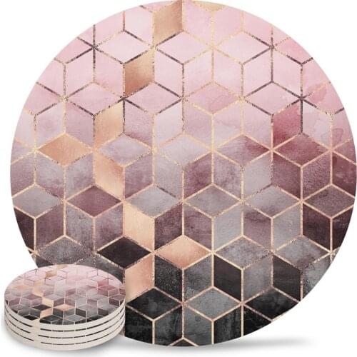 Pink and Grey Gradient Cubes Placemats for Table Coffee Kitchen Accessories Table Decor Ceramic Coasters