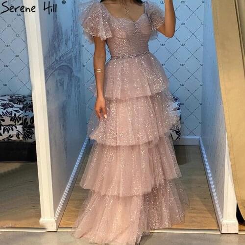 Serene Hill Pink Sexy Luxury Evening Dresses Gowns 2021 A-Line Glitter Tiered Princess For Women Party LA70924