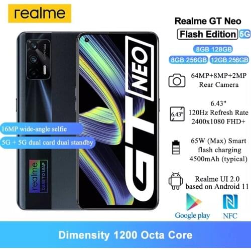 Realme GT Neo 5G Cellphone Dimensity 1200 Octa Core 6.43" FHD+ 120Hz Super AMOLED Android Mobile Phones 50W Fast Charger 64MP