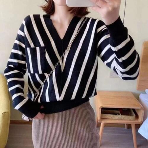 Dropshipping Women Autumn Long Sleeve V Neck Stripes Pockets Loose Sweater Knitwear Pullover