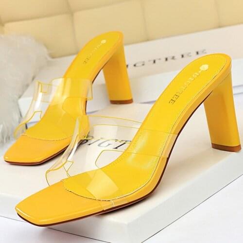 2021 Summer Women 9cm High Heels Slippers Chunky Block Heels Lady Transparent Open Toe Slippers Yellow Female Stripper Red Shoes