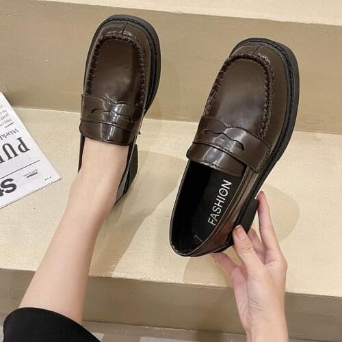 Platform Leather Shoes Women Chunky Thick Sole Round Toe Black Brown Pu Shallow Pure British Style Retro Slip-on Leisure Loafers