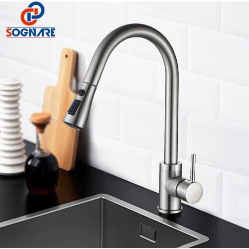 SOGNARE Pull Out Kitchen Faucet Newly Design 360 Swivel Solid Brass Hot and Cold Single Hole Handle Water Tap Kitchen Sink Mixer