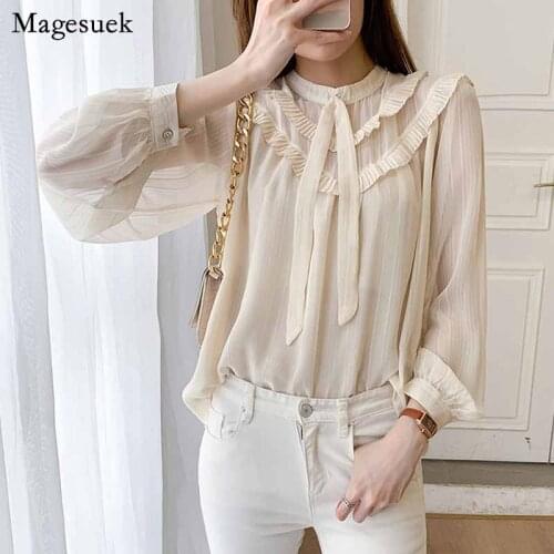 Plus Size Office Lady Casual Shirts 2020 Fashion Ruffles Vintage Womens Blouse Women Loose Chiffon Elegant Blouse Blusas 11246