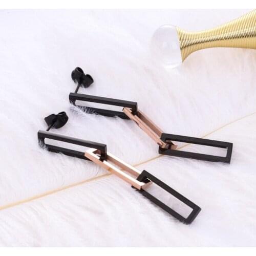 YUN RUO 2018 Fashion Black Square Stud Earring Woman Rose Gold Color Titanium Steel Jewelry Girl Gift Party Never Fade Wholesale