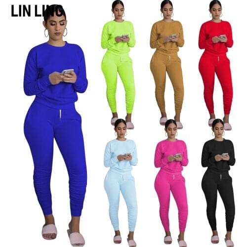 LINLING Clothes Women 2020Thickened Solid Color Sports Pants Set Simple and Comfortable Two Piece Set with 11 Colors Pocket