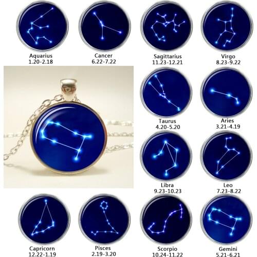 12 Zodiac Sign Twelve Constellation Glass Cabochon Pendant Necklace Aquarius Pisces Aries Taurus Gemini Pendant