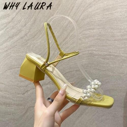 2021 Summer Sandals Ladies' Shoes Square Toe Thick Heel Lacing Casual Nnarrow-strap Style Slipper Sandals