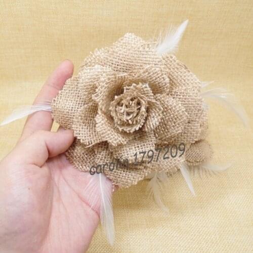 4pcs Feather FlowerS With Pin Natural Jute Burlap Hessian Flower Vintage Wedding Decoration Hat DIY Craft rustic wedding decor
