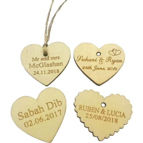 50cs Personalized wedding tags custom Engraved Love Heart Wooden Tags wedding favor tags +Jute String 40mm*37mm