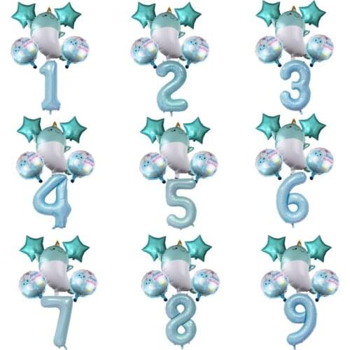 6 pcs Pink Blue Cute Cartoon Unicorn Whale Balloon Ocean Animal Baby Bithday Party Decorations Aluminium Foil Number Balloon Set