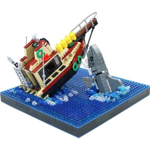 Buildmoc Ideas Shark Attacking Ship Scene City Pirate Ship Boat Model Building Blocks Bricks Education Toys For Children Gifts
