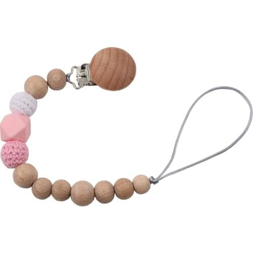 Baby Teether Pacifier Clip Natural Beech Wood Pacifier Chain Crochet Teether Anti-drop Holder Soother Chain Infants