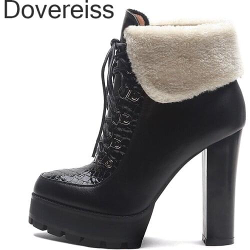 Dovereiss Fashion Womens Shoes Winter Sexy Pure Color Genuine Leather Platform Cross Tied Mature Matin Boots Ankle Boots 33-41