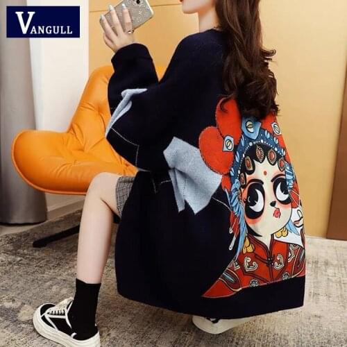Vangull Chinese Style Knitted Sweater Cardigan Women Loose Cartoon Print Long Sleeve Oversized Argyle Cardigans Harajuku Sweater