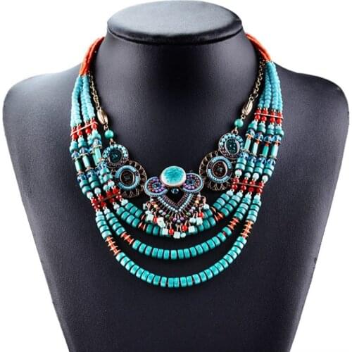 Exaggeration Ethnic Style Handmade Beads Multi-Layer Beads Chain Pendant Bib Statement Necklace for Women