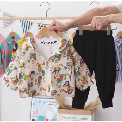 Children Clothes Set Infant Baby Boys Suits Spring Long-Sleeved Suits Printed Hooded Jacket Letters Pure White Tops Black Pants
