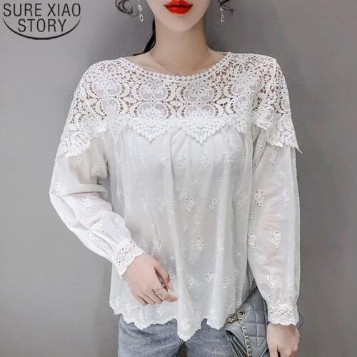 Fashion Women Lace Blouse Hollow Out Lace Tops 2021 New Spring White Blouse Cotton Vintage Clothes Casual O-Neck Blusas 13293