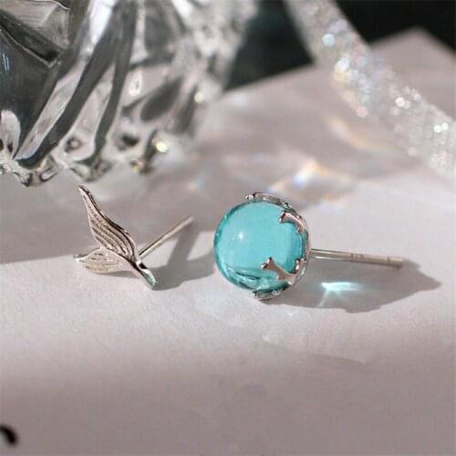 925 Sterling Silver Asymmetry Mermaid Tail Stud Earring For Women Ear Pierced Earings Party Jewelry Accessories jz137