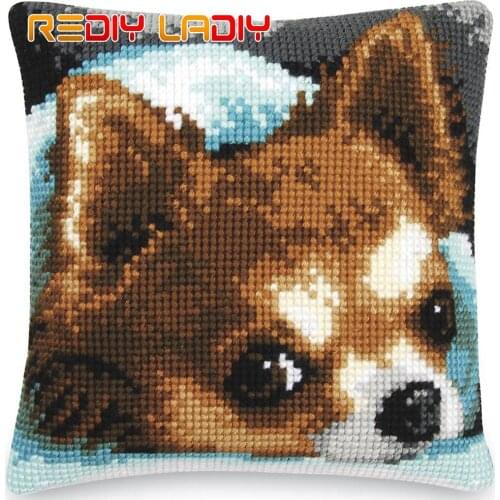 Cross Stitch Cushion Cover Curious Puppy Needlepoint Kits Pre-Printed Canvas Thick Yarn Cross-stitch Pillow Case Arts and Crafts