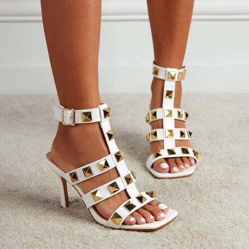New Square Toe Rivet Buckle Womens Sandals 2021 Solid Color Roman Casual Party Gladiator High Heels Women Shoes Hollow Stiletto