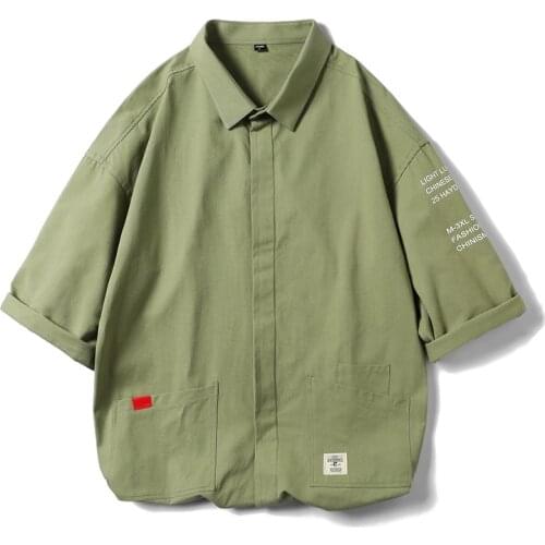 Streetwear harajuku Mens Dress Shirts Three Quarter Army Casual Turn Down Men Clothing