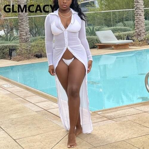 Long Sleeve Mesh See Through Button Up Dress Slim Sexy Long Dress