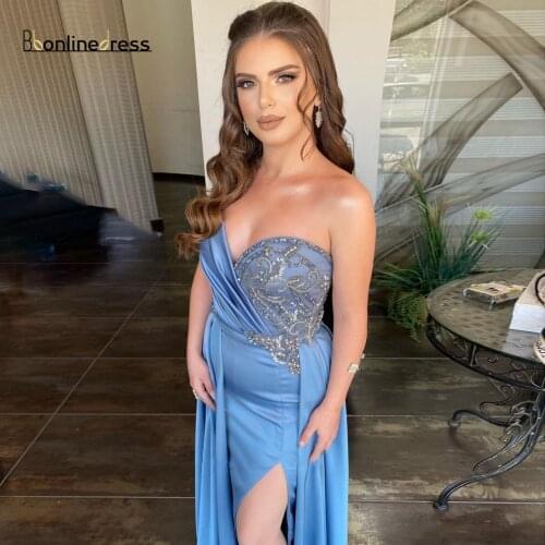Sky Blue Sequined Evening Dress Strapless Side Slit Party Dress Sweep Train Elegant Formal Party Dress Pleated robe de soiree